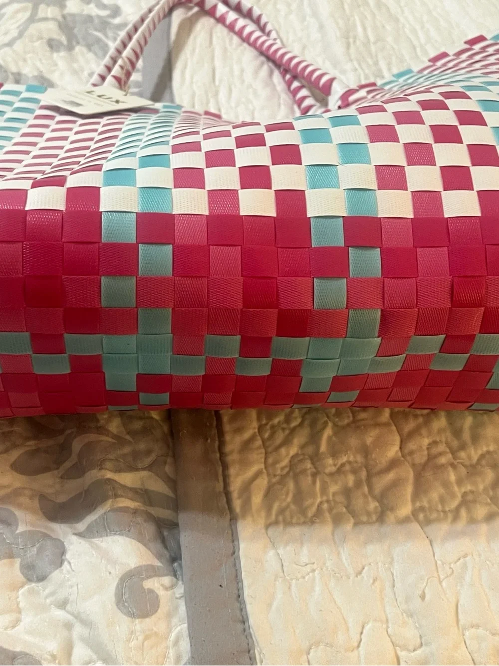 LUX Pink, White & Blue Woven Check Tote